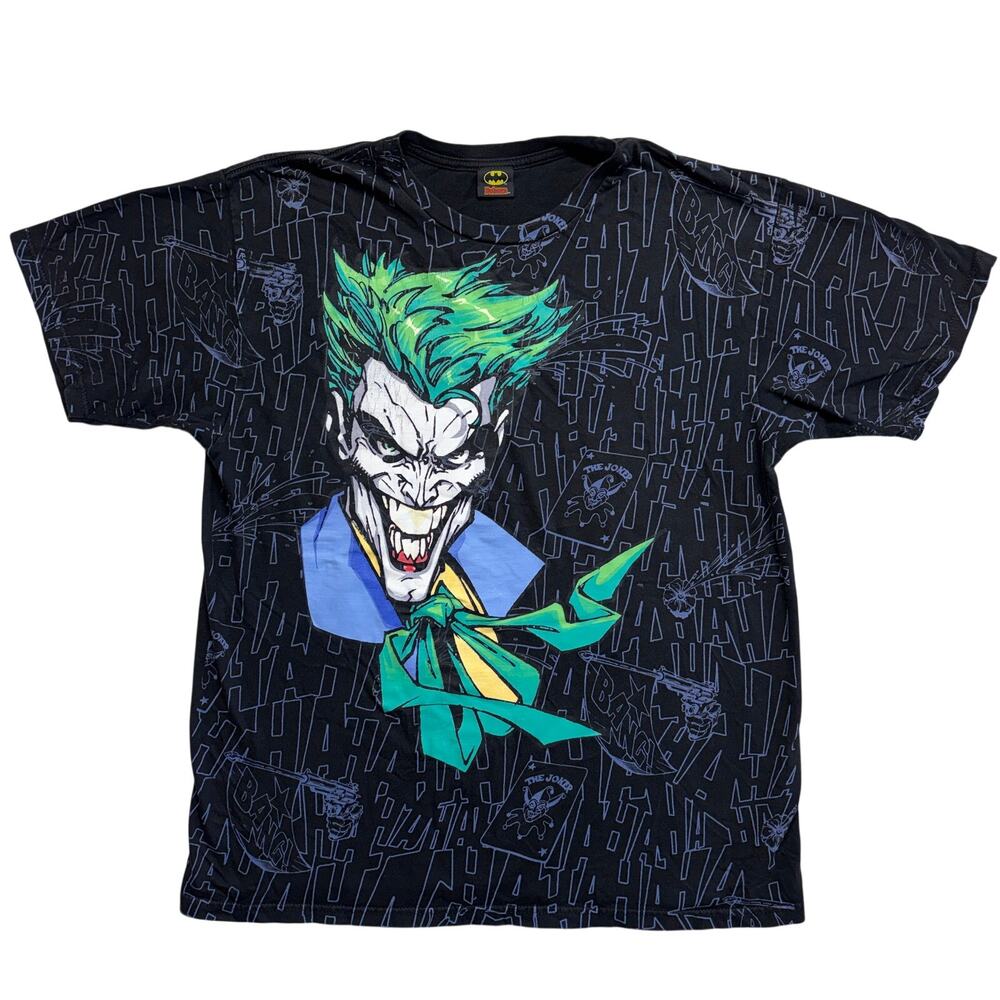 Vintage Batman Joker T Shirt XL Black Big Face All Over Print DC Comic Villain